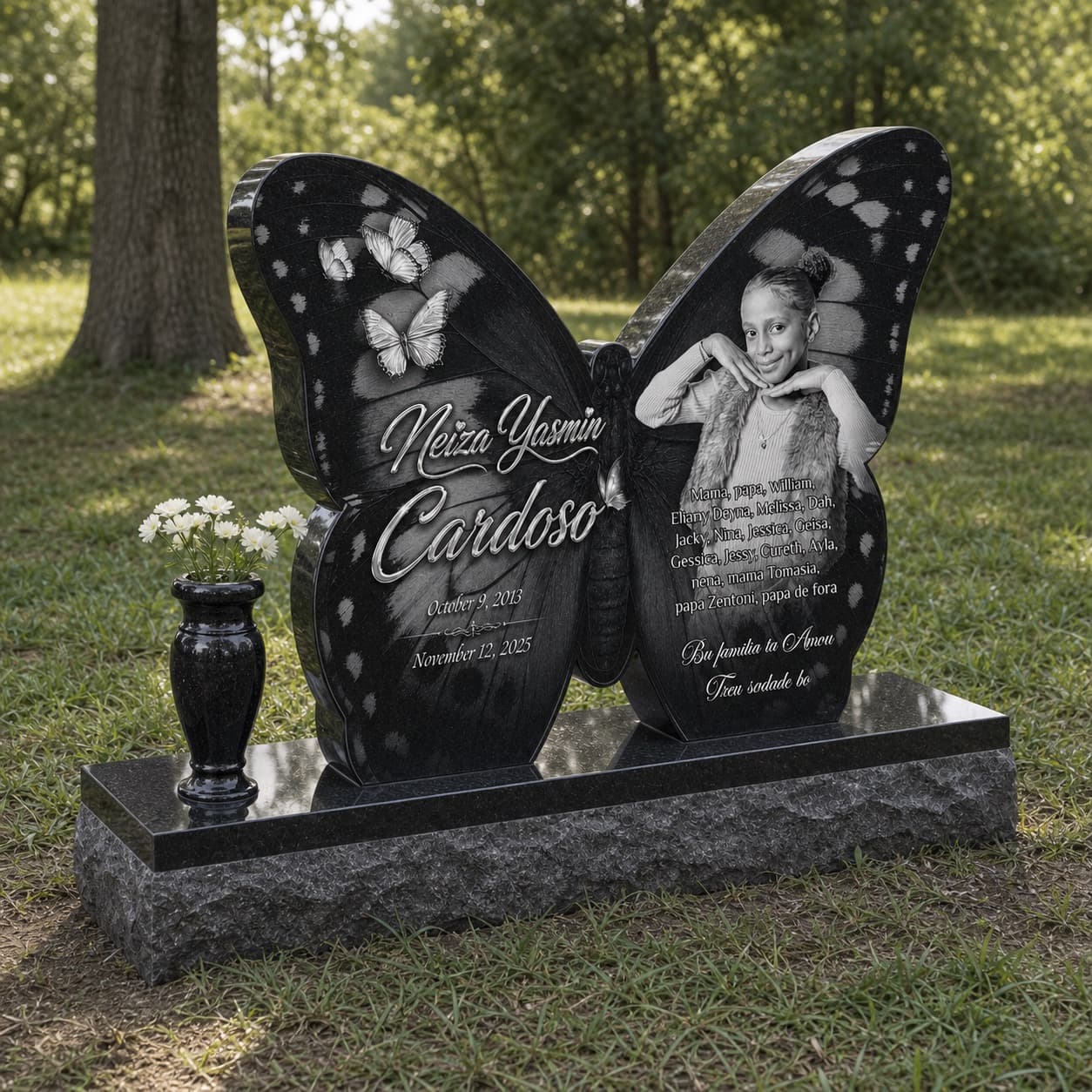 A butterfly-shaped black granite memorial with a portrait and engraved tribute