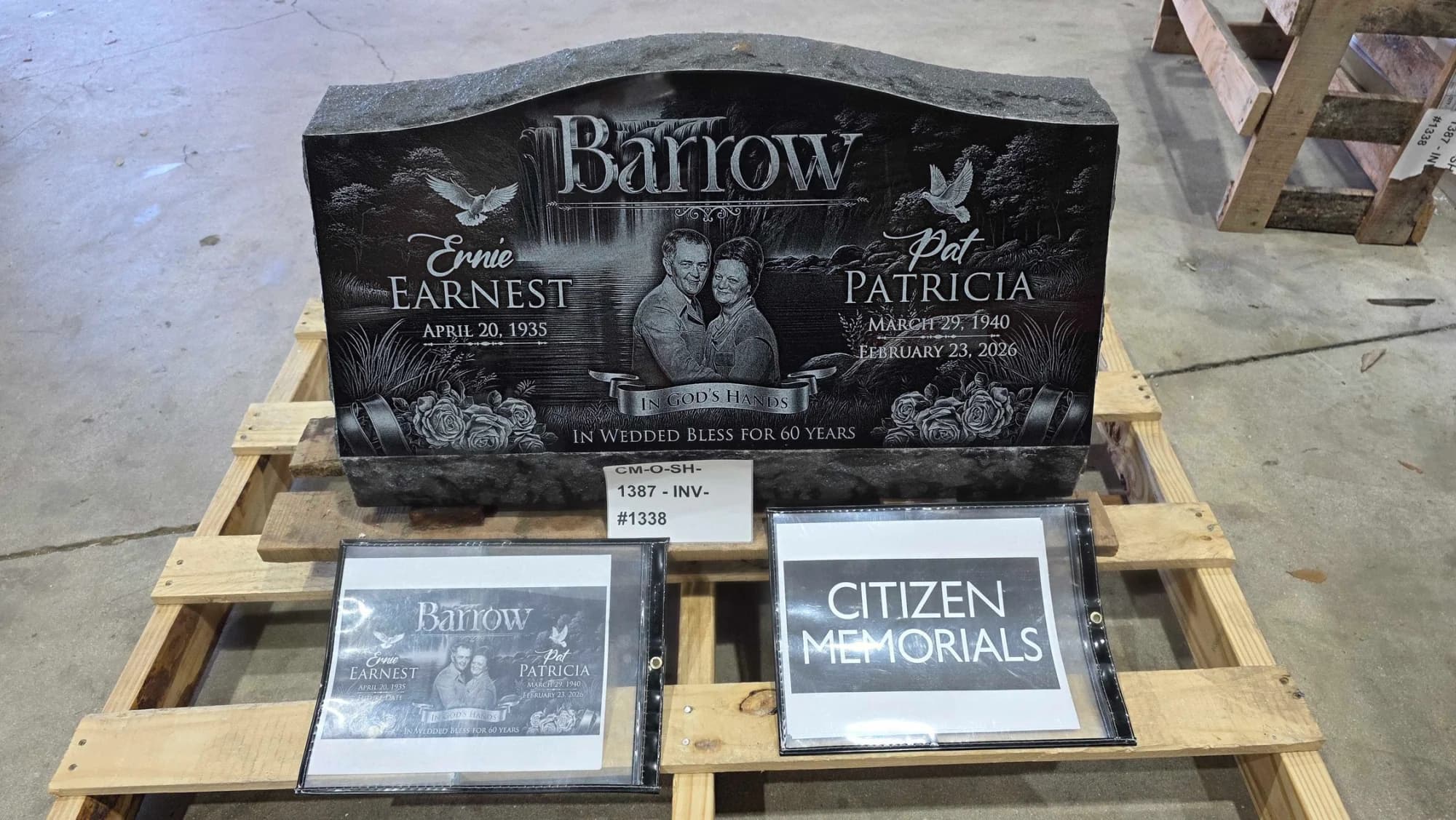Finished black granite memorial after engraving and polishing