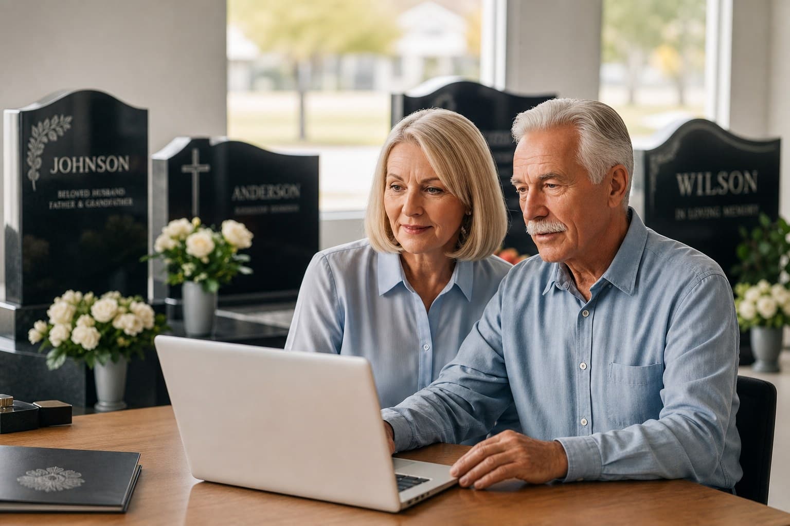 Family reviewing a memorial design together