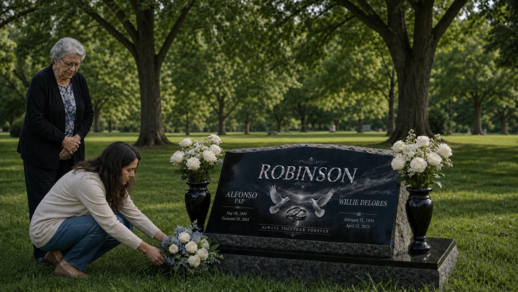 Couple reviewing a memorial design on a laptop with a Citizen Memorials advisor