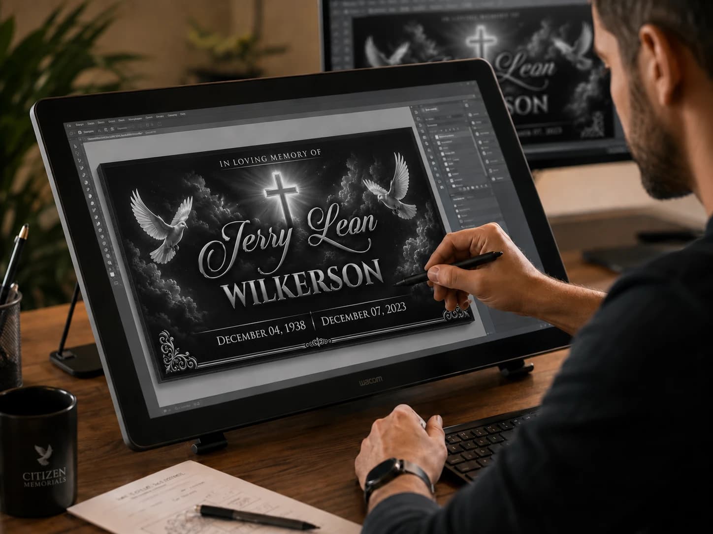 Memorial designer creating a personalized granite plaque on a pen display