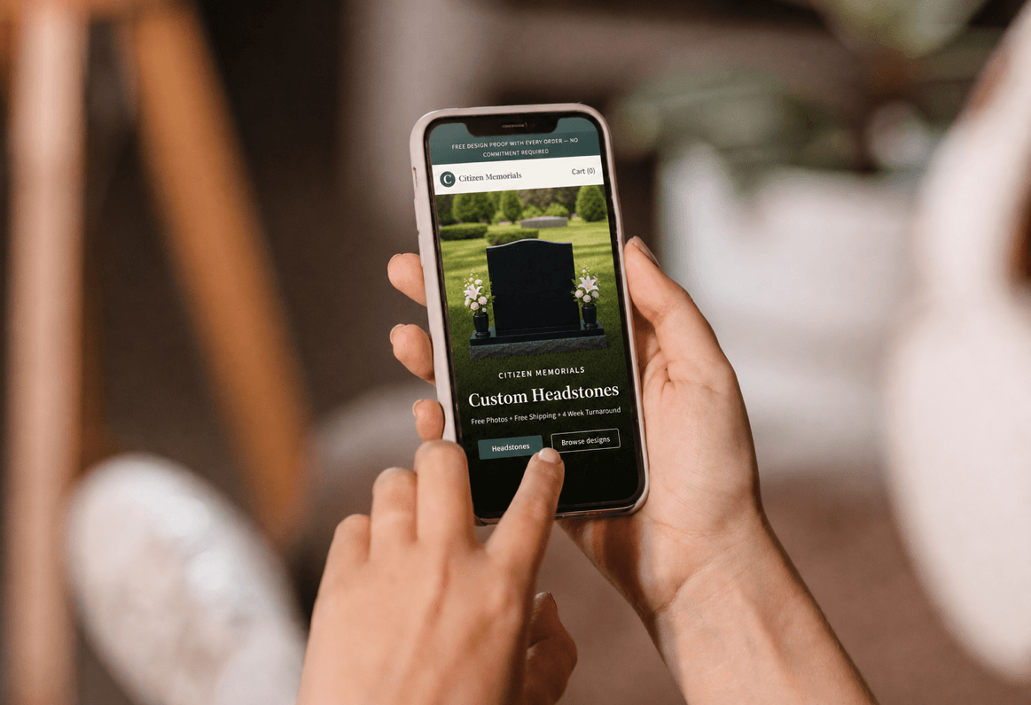 Citizen Memorials online design tool shown on a phone