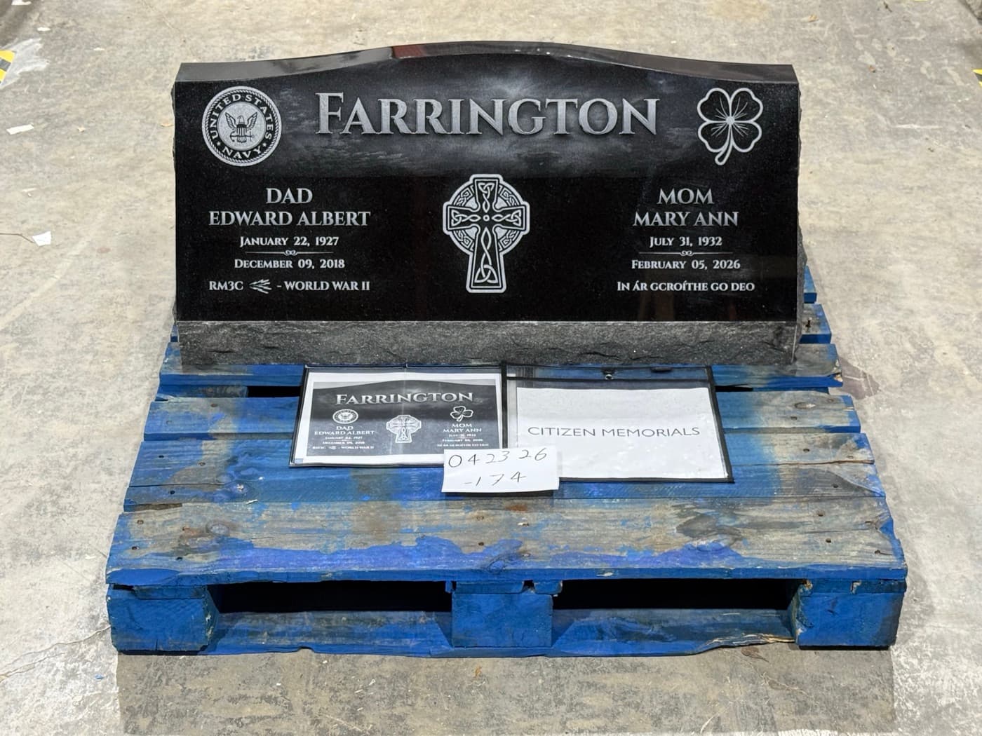 Companion upright headstone for the Farrington family — Navy seal emblem and Celtic shamrock cross with WWII veteran service inscription