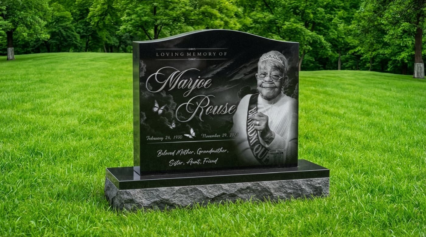 Upright black granite monument for Marjoe Rouse — large full-length laser-engraved portrait with butterfly motifs, rendered on green cemetery grass