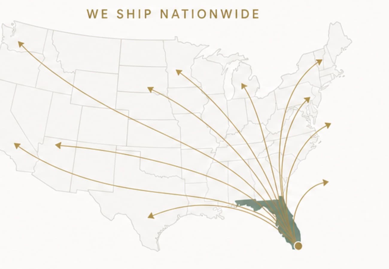 Map showing memorial shipments traveling from Miami to regions across the United States