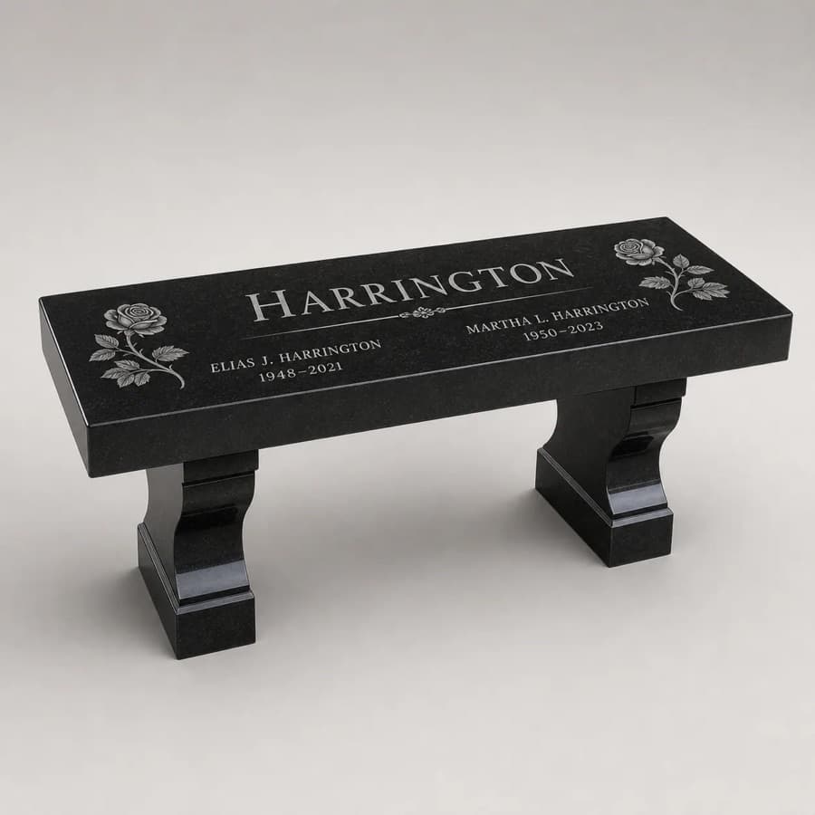 Polished black granite companion memorial bench
