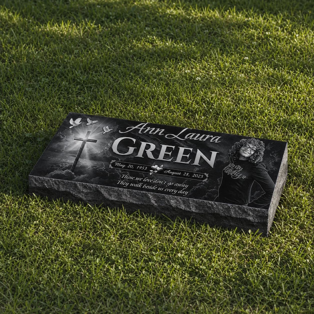 Large Single Bevel Pillow Headstone Photo Engraved Black Granite Grave Marker variant