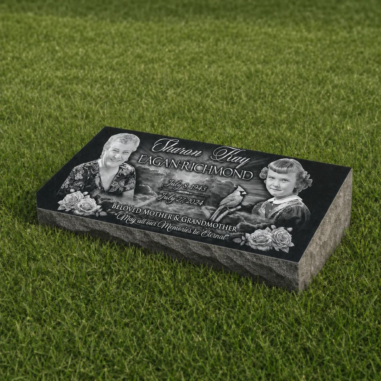 Standard Single Bevel Pillow Headstone Photo Engraved Black Granite Grave Marker variant