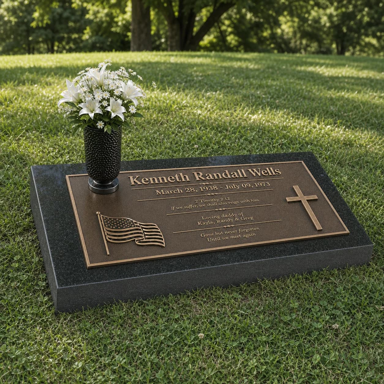 Single Bronze Grave Marker on Black Granite Base