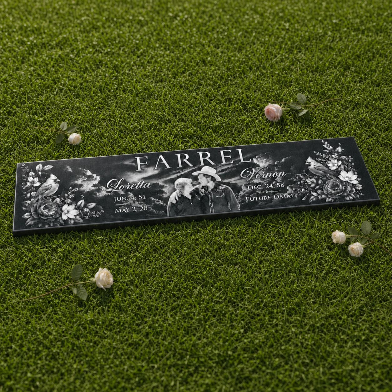 Large Companion Flat Headstone Photo Engraved Black Granite Grave Marker variant