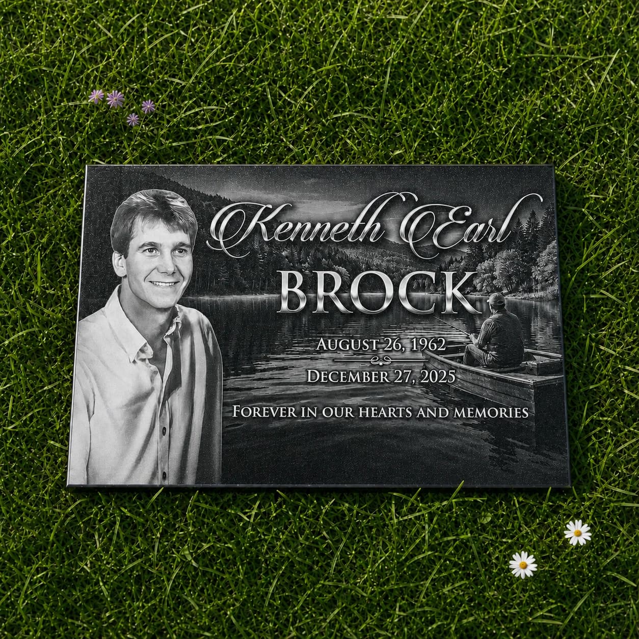 Large Single Flat Headstone Photo Engraved Black Granite Grave Marker variant