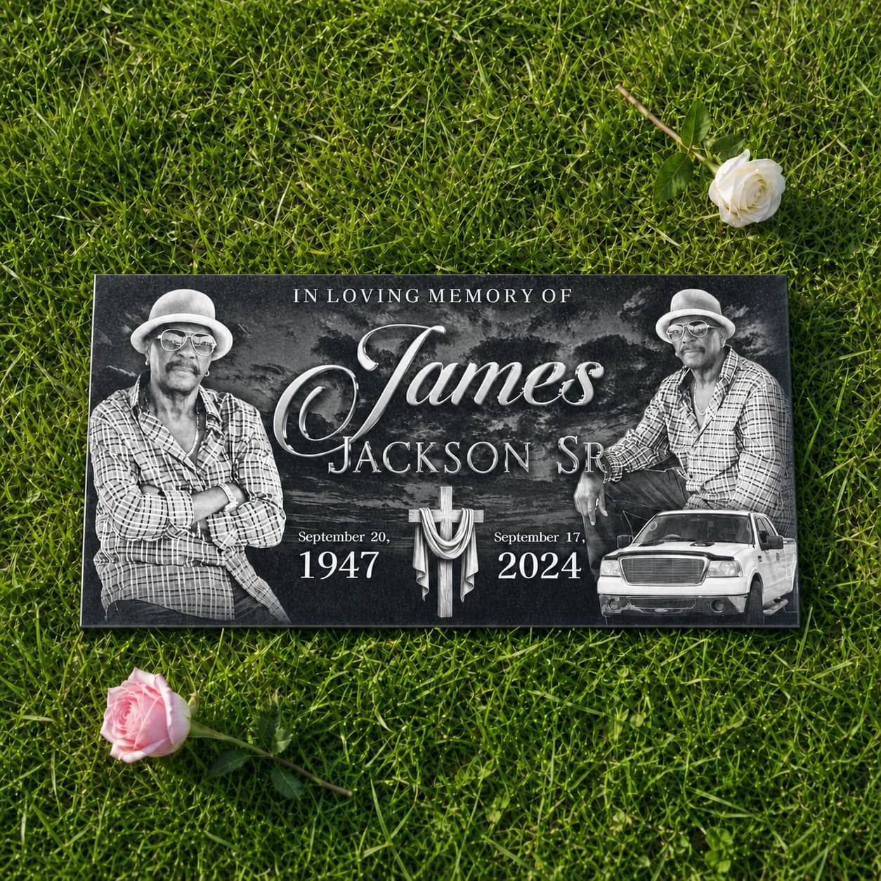 Standard Single Flat Headstone Photo Engraved Black Granite Grave Marker variant