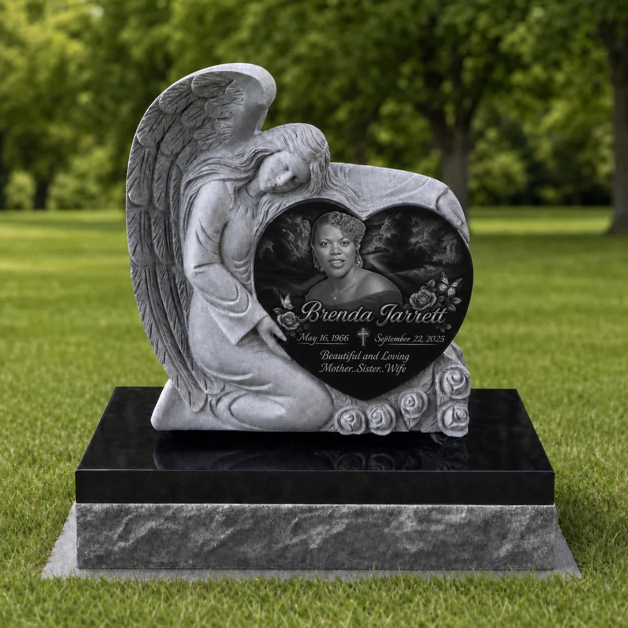 Angel Headstone Photo Engraved Black Granite Grave Monument
