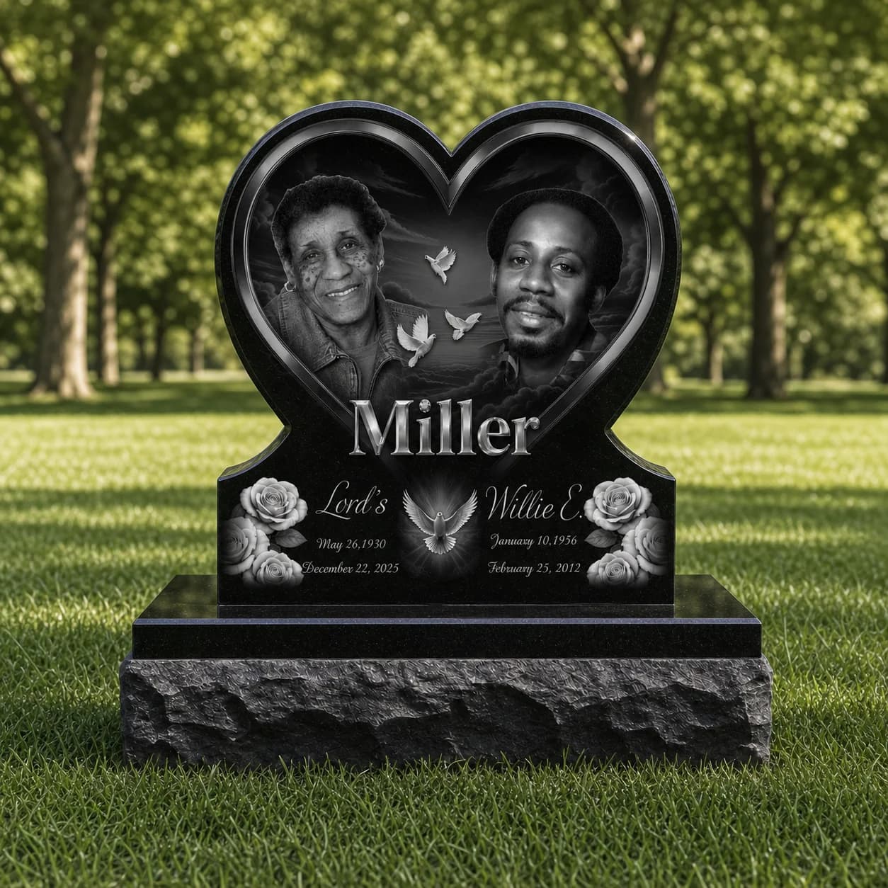 Single Heart Headstone Photo Engraved Black Granite Grave Monument