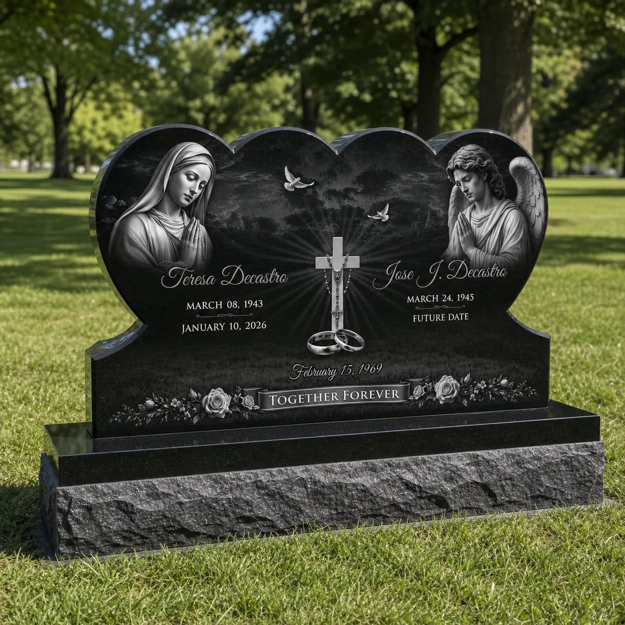 Double Heart Headstone Photo Engraved Black Granite Grave Monument